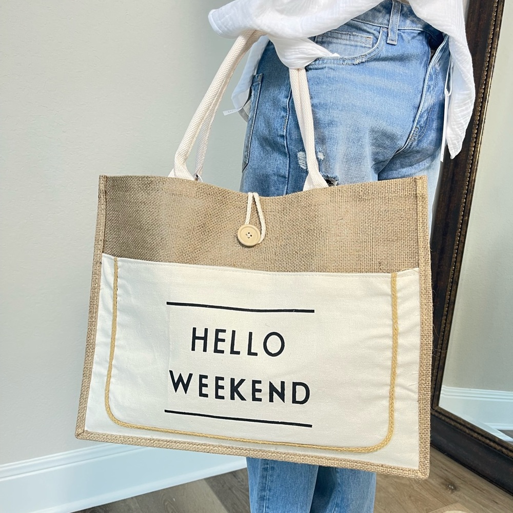 COPY - NWT Hello Weekend Burlap Tote Bag